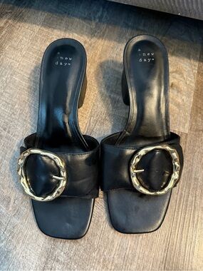 a new day Black Heeled Slide Mules with Gold Ring Buckles